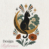 Load image into Gallery viewer, Detail of the moonlit cat artwork showing gold crescent moon, clouds and poppy flowers
