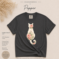 Load image into Gallery viewer, Petals &amp; Attitude floral cat Comfort Colors tee shown on a model

