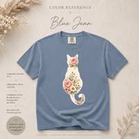Load image into Gallery viewer, Petals &amp; Attitude floral cat Comfort Colors tee showing the relaxed unisex fit
