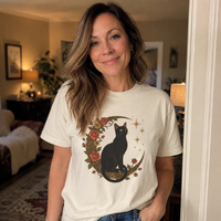Load image into Gallery viewer, Midnight Rose Cat celestial moon and roses Comfort Colors tee - product photo 2
