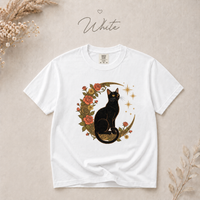Load image into Gallery viewer, Midnight Rose Cat celestial moon and roses Comfort Colors tee - product photo 3

