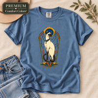 Load image into Gallery viewer, Blue Jean Comfort Colors t-shirt with a gilded Art Deco Siamese cat design, styled flat with denim jeans
