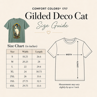 Load image into Gallery viewer, Gilded Deco Cat size guide chart with width and length measurements in inches for sizes S to 4XL
