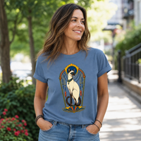 Load image into Gallery viewer, Woman wearing the Blue Jean Art Deco cat t-shirt outdoors, showing the relaxed unisex fit
