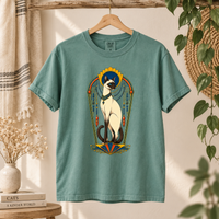 Load image into Gallery viewer, Bay sage green Gilded Deco Cat tee on a wooden hanger in a styled room with plants
