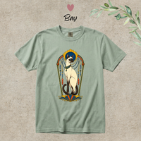 Load image into Gallery viewer, Bay sage green Comfort Colors tee with the gilded Art Deco Siamese cat graphic
