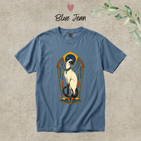 Load image into Gallery viewer, Blue Jean denim blue Comfort Colors tee with the gilded Art Deco Siamese cat graphic

