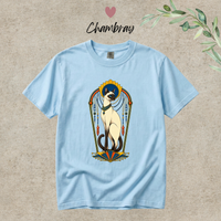 Load image into Gallery viewer, Chambray light blue Comfort Colors tee with the gilded Art Deco Siamese cat graphic
