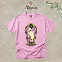 Load image into Gallery viewer, Blossom pink Comfort Colors tee with the gilded Art Deco Siamese cat graphic
