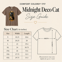Load image into Gallery viewer, Midnight Deco Cat size guide chart with width and length measurements in inches for sizes S to 4XL
