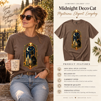 Load image into Gallery viewer, Model in the Espresso brown Midnight Deco Cat tee beside a product features card listing ring-spun cotton and relaxed fit
