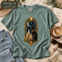 Load image into Gallery viewer, Light Green Comfort Colors tee with a black cat and crescent moon Art Deco design, styled flat with denim and coffee
