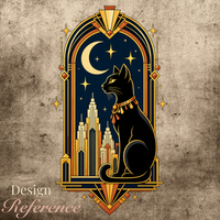 Load image into Gallery viewer, Close-up of the Midnight Deco Cat artwork - a black cat under a crescent moon in a gold Art Deco arch above a city skyline
