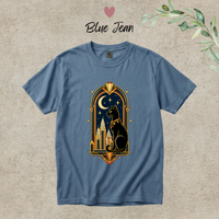 Load image into Gallery viewer, Blue Jean denim blue Comfort Colors tee with the black cat and crescent moon Art Deco graphic

