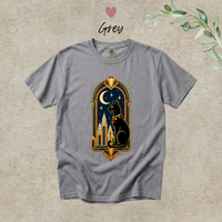 Load image into Gallery viewer, Grey Comfort Colors tee with the black cat and crescent moon Art Deco graphic
