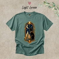 Load image into Gallery viewer, Light Green Comfort Colors tee with the black cat and crescent moon Art Deco graphic
