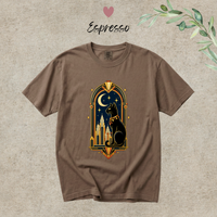 Load image into Gallery viewer, Espresso brown Comfort Colors tee with the black cat and crescent moon Art Deco graphic
