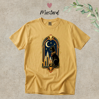Load image into Gallery viewer, Mustard yellow Comfort Colors tee with the black cat and crescent moon Art Deco graphic
