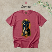 Load image into Gallery viewer, Crimson red Comfort Colors tee with the black cat and crescent moon Art Deco graphic
