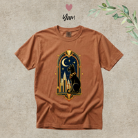 Load image into Gallery viewer, Yam burnt orange Comfort Colors tee with the black cat and crescent moon Art Deco graphic
