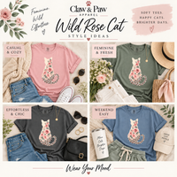 Load image into Gallery viewer, Wild Rose Cat style ideas board showing the tee in four colors styled casual, feminine, chic and weekend looks
