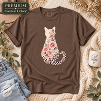 Load image into Gallery viewer, Espresso brown Comfort Colors tee with a rose and leopard print cat design, styled flat with denim and a Cat Mom mug
