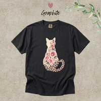 Load image into Gallery viewer, Graphite dark grey Comfort Colors tee with the rose and leopard print cat graphic
