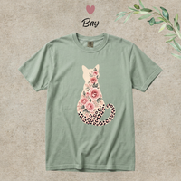 Load image into Gallery viewer, Bay sage green Comfort Colors tee with the rose and leopard print cat graphic
