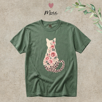 Load image into Gallery viewer, Moss green Comfort Colors tee with the rose and leopard print cat graphic
