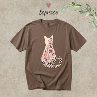 Load image into Gallery viewer, Espresso brown Comfort Colors tee with the rose and leopard print cat graphic
