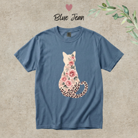 Load image into Gallery viewer, Blue Jean denim blue Comfort Colors tee with the rose and leopard print cat graphic
