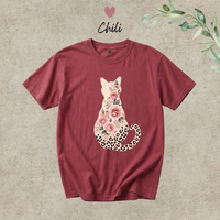 Load image into Gallery viewer, Chili red Comfort Colors tee with the rose and leopard print cat graphic
