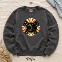 Load image into Gallery viewer, Pepper dark grey Comfort Colors sweatshirt with the sleeping cat celestial medallion graphic
