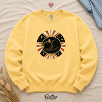 Load image into Gallery viewer, Butter yellow Comfort Colors sweatshirt with the sleeping cat celestial medallion graphic
