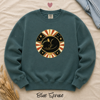 Load image into Gallery viewer, Blue Spruce teal Comfort Colors sweatshirt with the sleeping cat celestial medallion graphic
