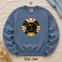Load image into Gallery viewer, Blue Jean denim blue Comfort Colors sweatshirt with the sleeping cat celestial medallion graphic
