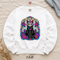 Load image into Gallery viewer, Nine Lives, One Fiesta Day of the Dead black cat sweatshirt in White, Comfort Colors
