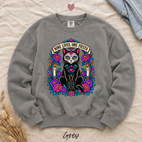 Load image into Gallery viewer, Nine Lives, One Fiesta Day of the Dead black cat sweatshirt in Grey, Comfort Colors
