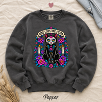 Load image into Gallery viewer, Nine Lives, One Fiesta Day of the Dead black cat sweatshirt in Pepper, Comfort Colors
