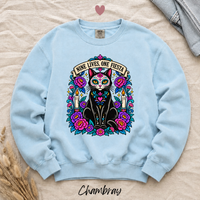 Load image into Gallery viewer, Nine Lives, One Fiesta Day of the Dead black cat sweatshirt in Chambray light blue, Comfort Colors
