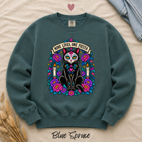 Load image into Gallery viewer, Nine Lives, One Fiesta Day of the Dead black cat sweatshirt in Blue Spruce, Comfort Colors
