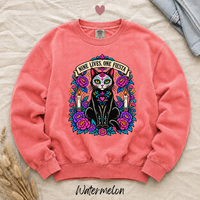 Load image into Gallery viewer, Nine Lives, One Fiesta Day of the Dead black cat sweatshirt in Watermelon, Comfort Colors

