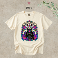 Load image into Gallery viewer, Nine Lives, One Fiesta Day of the Dead black cat t-shirt in Ivory, Comfort Colors
