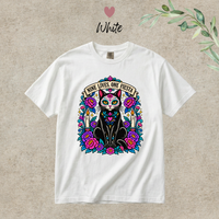 Load image into Gallery viewer, Nine Lives, One Fiesta Day of the Dead black cat t-shirt in White, Comfort Colors
