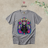 Load image into Gallery viewer, Nine Lives, One Fiesta Day of the Dead black cat t-shirt in Grey, Comfort Colors
