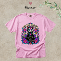 Load image into Gallery viewer, Nine Lives, One Fiesta Day of the Dead black cat t-shirt in Blossom pink, Comfort Colors
