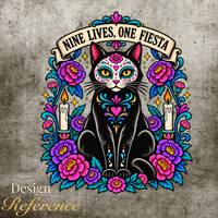 Load image into Gallery viewer, Nine Lives, One Fiesta artwork: black cat with sugar skull face, Day of the Dead flowers and candles under a banner
