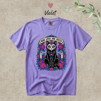 Load image into Gallery viewer, Nine Lives, One Fiesta Day of the Dead black cat t-shirt in Violet, Comfort Colors
