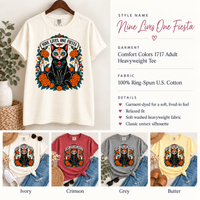 Load image into Gallery viewer, Nine Lives, One Fiesta product sheet: Comfort Colors 1717 marigold black cat tee in Ivory, Crimson, Grey and Butter
