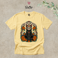 Load image into Gallery viewer, Nine Lives, One Fiesta Day of the Dead black cat t-shirt with marigolds in Butter yellow, Comfort Colors
